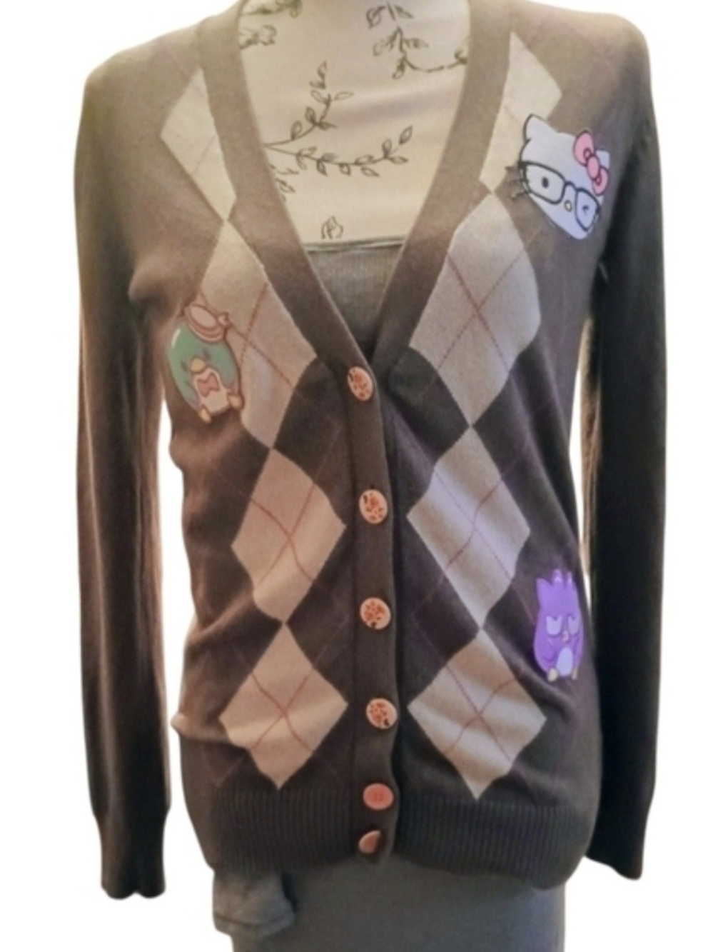 Upcycled Argyle Cardigan with Hello Kitty Character Patches